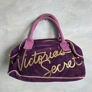 Vtg Victoria's Secret Purple Velour Satchel Top Handle bag Gold lettering 14x7x6